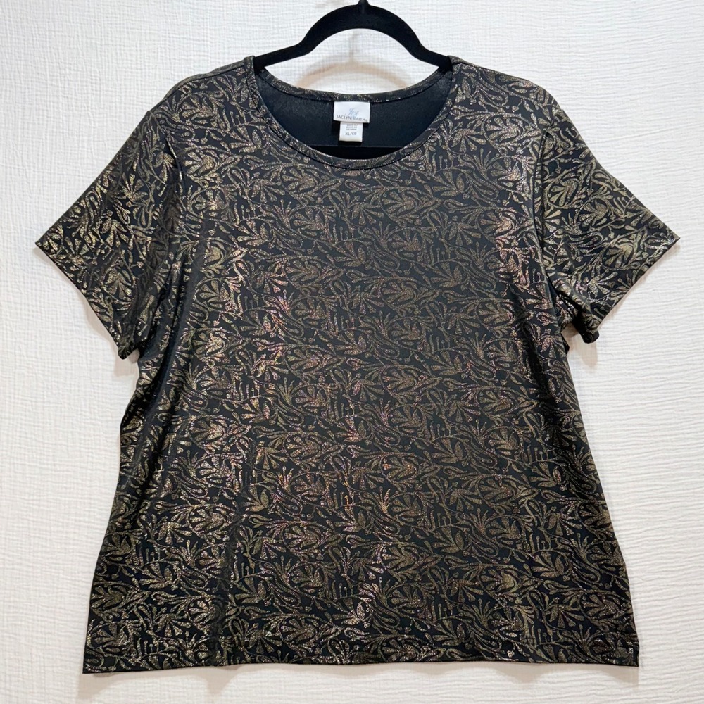Jaclyn Smith Metallic Floral Top Womens XL‎ Black Bronze Shimmer Party Festive